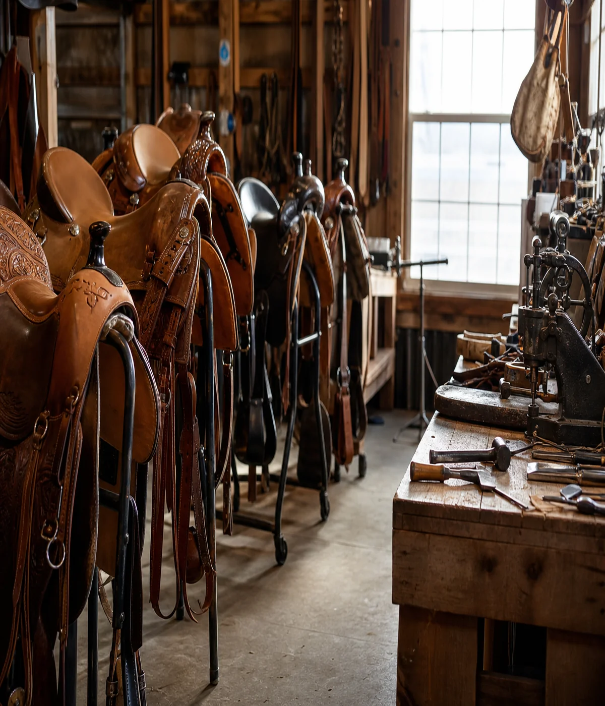 Western saddle workshop with leather saddles on production racks