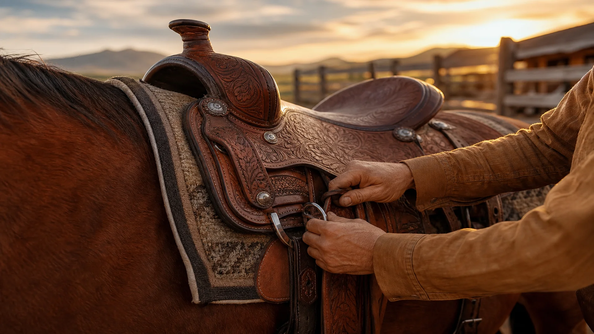 Rider adjusting a Western saddle on a horse at a ranch