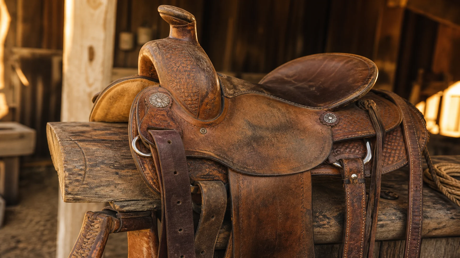 Vintage used Western barrel saddle with natural leather patina