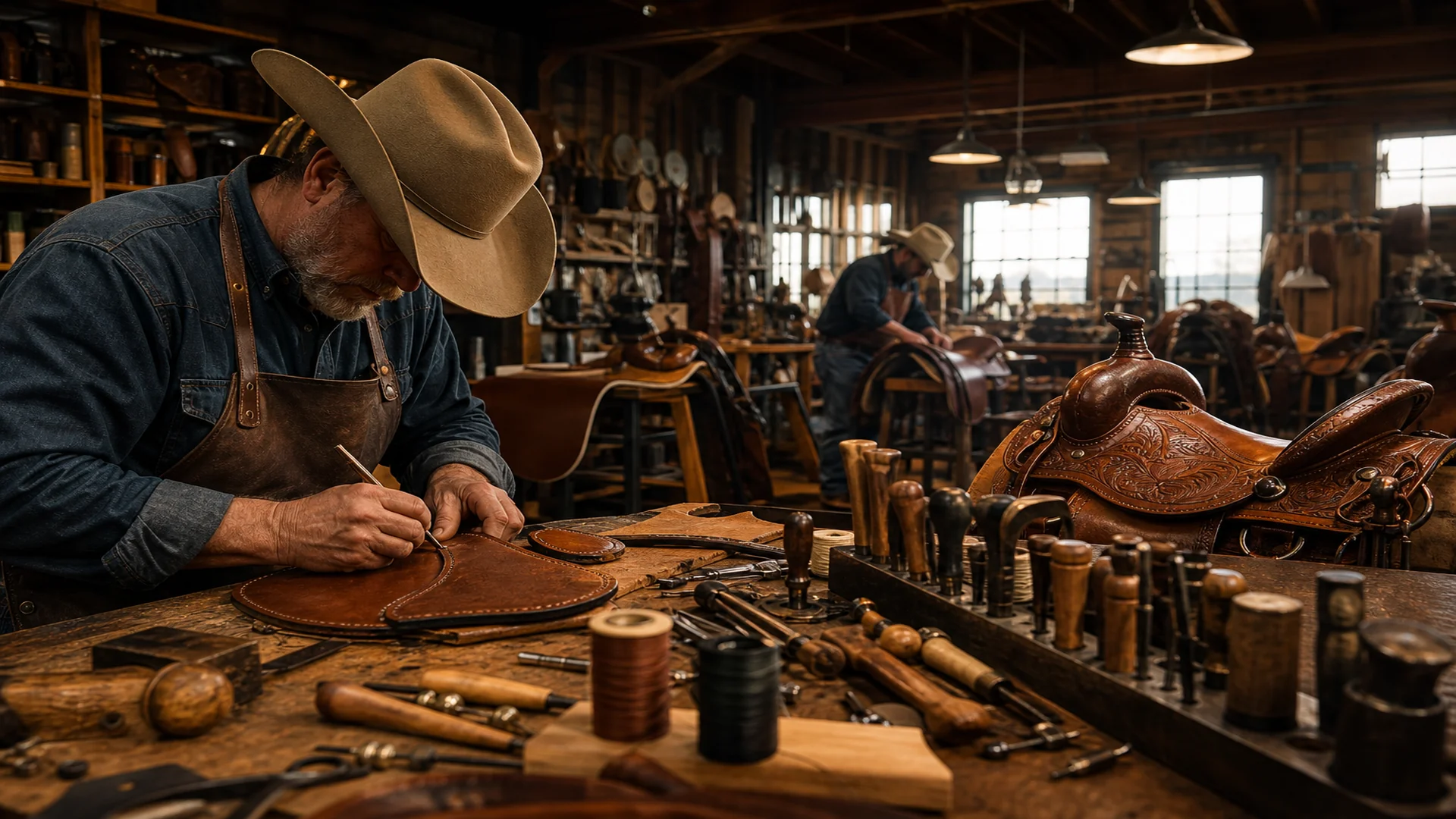 Western saddle production workshop with leather saddles on racks
