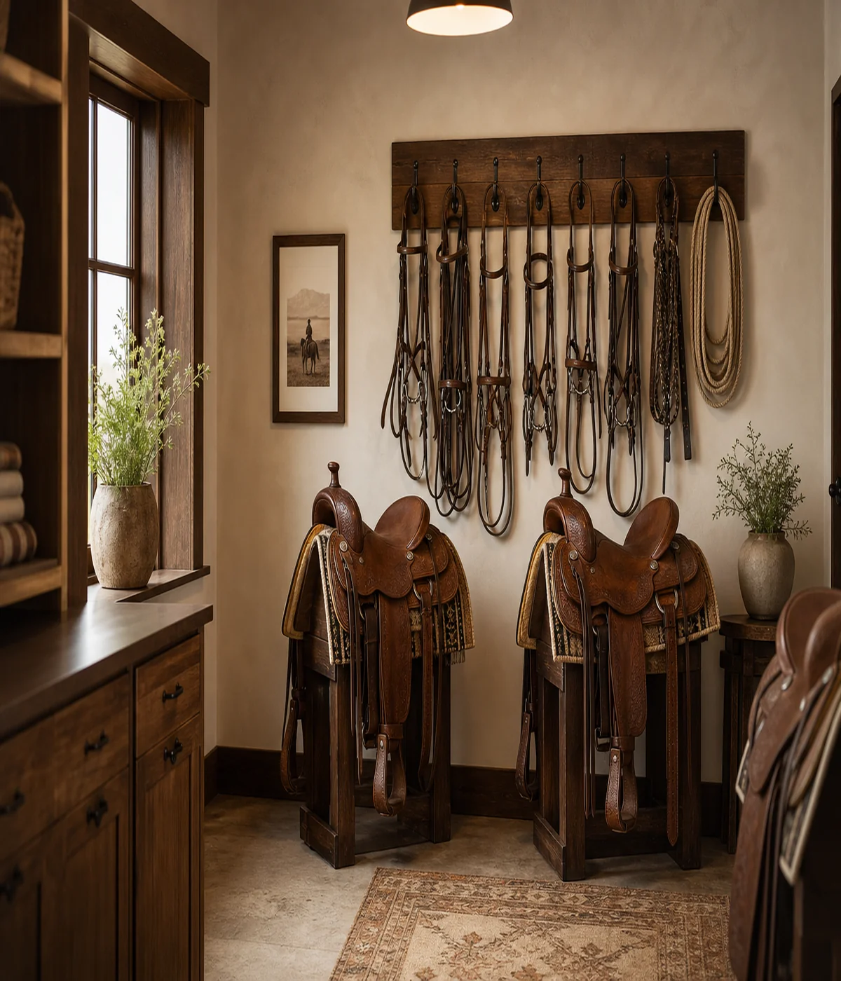 Tidy tack room with Western saddles on wooden stands